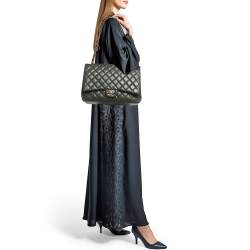 Pre Owned Chanel Classic Double Flap Maxi Green Quilted Caviar Leather Bag
