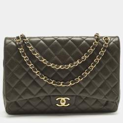 Pre Owned Chanel Classic Double Flap Maxi Green Quilted Caviar Leather Bag