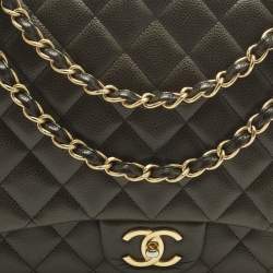 Pre Owned Chanel Classic Double Flap Maxi Green Quilted Caviar Leather Bag
