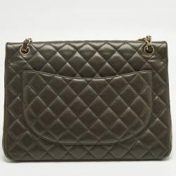 Pre Owned Chanel Classic Double Flap Maxi Green Quilted Caviar Leather Bag