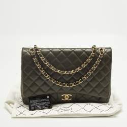 Pre Owned Chanel Classic Double Flap Maxi Green Quilted Caviar Leather Bag