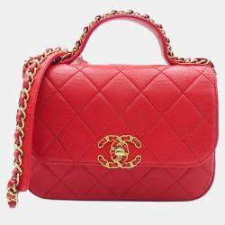 Pre Owned Chanel Red Quilted Lambskin Chain Infinity Top Handle Bag