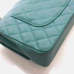 مملوكة مسبقًا حقيبة شانيل كلاسيكية مزدوجة الغطاء متوسطة جلد كافيار أزرق/أخضر