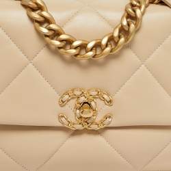 Pre Owned Chanel 19 Small Beige Quilted Leather Flap Bag