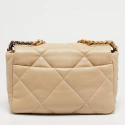 Pre Owned Chanel 19 Small Beige Quilted Leather Flap Bag