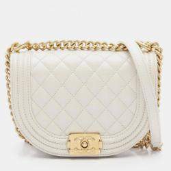 مملوكة مسبقًا Chanel Boy Chanel Small Shoulder Bag Leather Grained Calfskin White