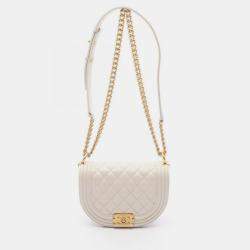 Pre Owned حقيبة كتف شانيل بوي شانيل صغيرة جلد عجل محبب كافيار (أبيض)