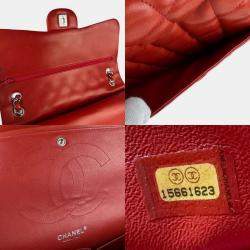 Pre Owned Chanel Matelasse Shoulder Bag With Double Flap Leather And Metallic Finish Red Silver