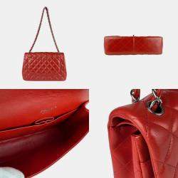 Pre Owned Chanel Matelasse Shoulder Bag With Double Flap Leather And Metallic Finish Red Silver
