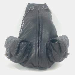 مملوكة مسبقًا Chanel Double Pocket Quilted Bag Zipper Chain Backpack Gunmetal Rucksack Leather Black