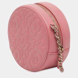 Pre Owned Chanel Pink CC Embossed Caviar Camellia Round Clutch With Chain
