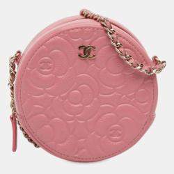 Pre Owned Chanel Pink CC Embossed Caviar Camellia Round Clutch With Chain