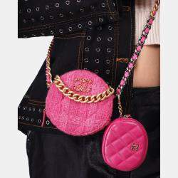 Pre Owned Chanel 2019-20 Fuchsia Pink Tweed 19 Round Clutch with Coin Purse