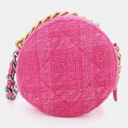 Pre Owned Chanel 2019-20 Fuchsia Pink Tweed 19 Round Clutch with Coin Purse