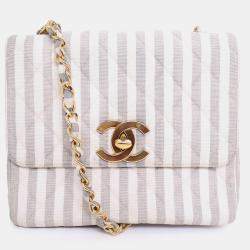 Pre Owned Chanel 1994-96 Grey/White Striped Chain Shoulder Bag