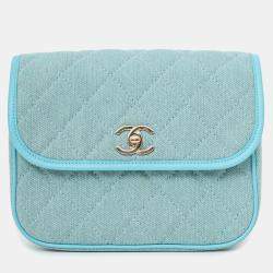 Pre Owned Chanel 2021 Blue Denim Quilted CC Small Messenger Flap Bag
