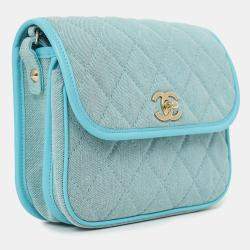 Pre Owned Chanel 2021 Blue Denim Quilted CC Small Messenger Flap Bag