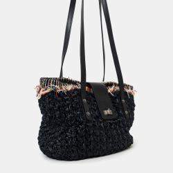 Pre Owned حقيبة يد شانيل توت 255 توييد قش أسود 2010-11