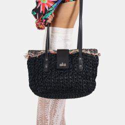 Pre Owned حقيبة يد شانيل توت 255 توييد قش أسود 2010-11