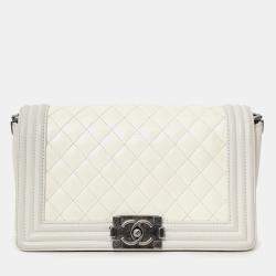 Pre Owned Chanel 2012 Limited Edition White Leather Medium Boy Bag with Metal Strap