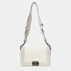 Pre Owned Chanel 2012 Limited Edition White Leather Medium Boy Bag with Metal Strap