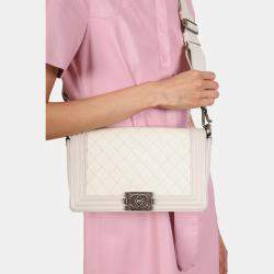 Pre Owned Chanel 2012 Limited Edition White Leather Medium Boy Bag with Metal Strap
