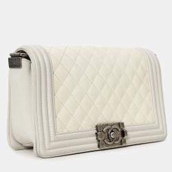 Pre Owned Chanel 2012 Limited Edition White Leather Medium Boy Bag with Metal Strap