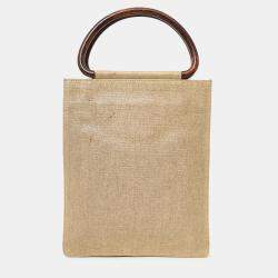 Pre Owned Chanel 2000-02 Beige CC Stitched Woven Linen Wood Handle Tote Bag