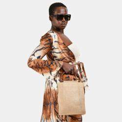 Pre Owned Chanel 2000-02 Beige CC Stitched Woven Linen Wood Handle Tote Bag