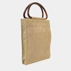 Pre Owned Chanel 2000-02 Beige CC Stitched Woven Linen Wood Handle Tote Bag