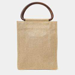 Pre Owned Chanel 2000-02 Beige CC Stitched Woven Linen Wood Handle Tote Bag