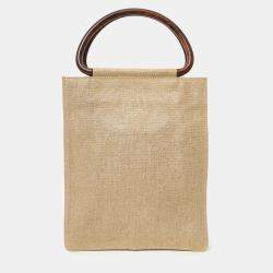 Pre Owned Chanel 2000-02 Beige CC Stitched Woven Linen Wood Handle Tote Bag