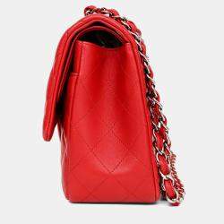 Pre Owned حقيبة شانيل ٢٠١٢-١٣ حمراء جلد الحمل كلاسيكية كبيرة مزدوجة القلاب