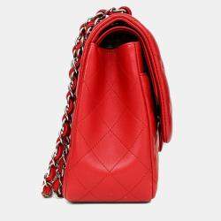 Pre Owned حقيبة شانيل ٢٠١٢-١٣ حمراء جلد الحمل كلاسيكية كبيرة مزدوجة القلاب