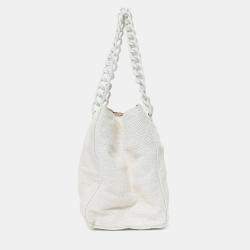 Pre Owned Chanel 2000-02 White Raffia Chain Beach Tote With Pouches