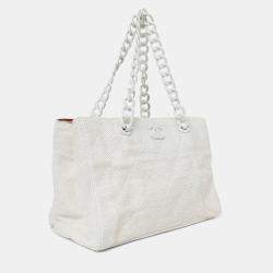 Pre Owned Chanel 2000-02 White Raffia Chain Beach Tote With Pouches