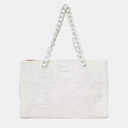 Pre Owned Chanel 2000-02 White Raffia Chain Beach Tote With Pouches