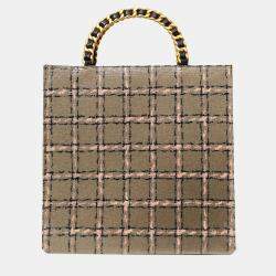 Pre Owned حقيبة شانيل بمقبض علوي بسلسلة نقشة الكاروهات رمادية/وردية