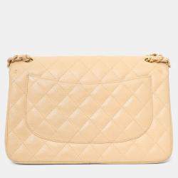 Pre Owned حقيبة شانيل كلاسيك مزدوجة القلاب كبيرة من جلد الكافيار البيج 2010-11