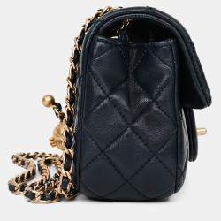 Pre Owned Chanel 2019-20 Navy Lambskin Leather Mini Rectangular Pearl Crush Flap Bag