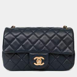 Pre Owned Chanel 2019-20 Navy Lambskin Leather Mini Rectangular Pearl Crush Flap Bag