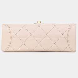 Pre Owned حقيبة شانيل "2020" يد علوية صغيرة جلد لامب بطبعة متقاطعة بلون بيج مع تجهيزات ذهبية مربعة