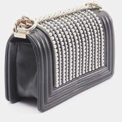 Pre Owned Chanel Boy Small Pearl Black Leather Shoulder Bag