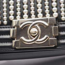 Pre Owned Chanel Boy Small Pearl Black Leather Shoulder Bag