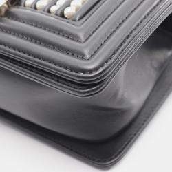 Pre Owned Chanel Boy Small Pearl Black Leather Shoulder Bag