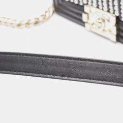 Pre Owned Chanel Boy Small Pearl Black Leather Shoulder Bag