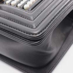 Pre Owned Chanel Boy Small Pearl Black Leather Shoulder Bag