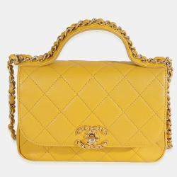Pre Owned Chanel Yellow Quilted Lambskin Small Chain Infinity Top Handle Flap