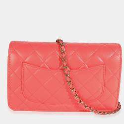 Pre Owned Chanel Pink Quilted Lambskin Classic Wallet On Chain