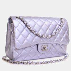 Pre Owned Chanel Jumbo Purple Lambskin Classic Double Flap Bag